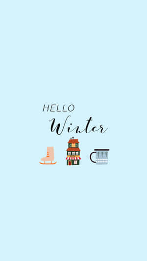 Hello Winter 文字搭配溜冰鞋屋和馬克杯，背景為藍色 — 冬日美學 壁紙
