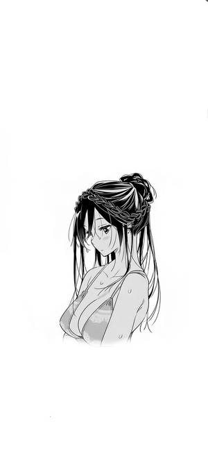 辮子動漫女孩在極簡黑白素描中向下看。