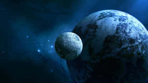 一顆藍色行星及其衛星漂浮在滿是星星的空間中。