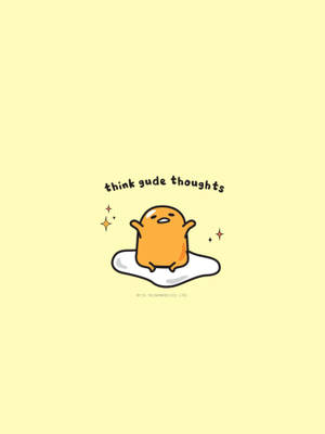 可愛的gudetama角色坐在雲朵上，帶有閃光和文字think gude thoughts。