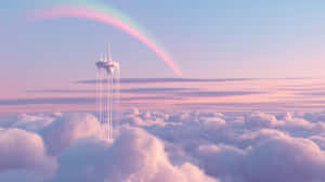 未來主義塔樓漂浮在雲層之上，下方是粉彩天空，伴有彩虹 — 建築 壁紙