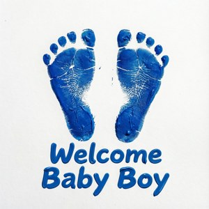 白色背景上帶有「Welcome Baby Boy」文字的藍色嬰兒腳印。