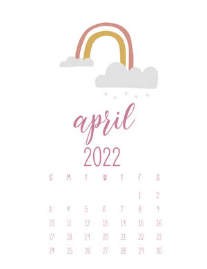2022年4月日曆，月份名稱上方有粉彩彩虹和雲朵。