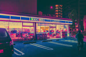 一位單車手在夜晚經過燈火通明的Lawson商店，有霓虹招牌和停泊的車輛。