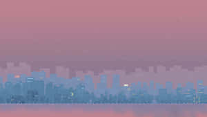夜晚的像素藝術城市天際線，閃爍的窗戶和彎月。 — 極簡美學 壁紙