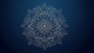 一個白色幾何曼陀羅，中央有星爆，位於藍色漸變背景上。
