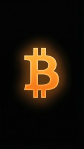 黑色背景上發光的橙色比特幣符號 — 比特幣 壁紙