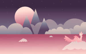 粉紅色龍坐在雲上，在發光的月亮下，風格化的夜空 — 極簡美學 壁紙
