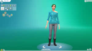 女性Sim頭像穿著青綠色毛衣和灰色褲子在旋轉平台上。