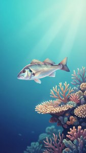 在陽光照射的海水下，銀色魚在色彩繽紛的珊瑚礁附近游動。