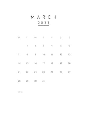 2022年3月日曆，包含日期和筆記區域。 — 春天 壁紙