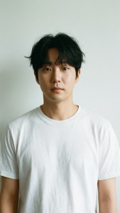 年輕男子穿白色T恤站在米白色牆前