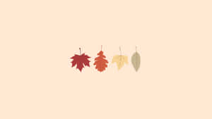四片色彩繽紛的秋葉在米色背景上排成一排。