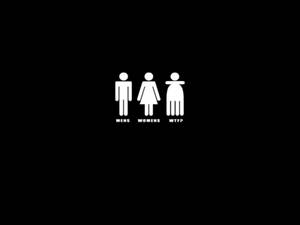 三個洗手間符號標有男、女、wtfp，在黑色背景上。