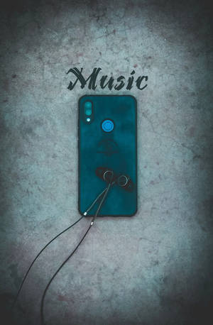 有紋理灰色背景上的青綠色智能手機連耳機，帶有「Music」文字。 — 音樂 GIF 壁紙
