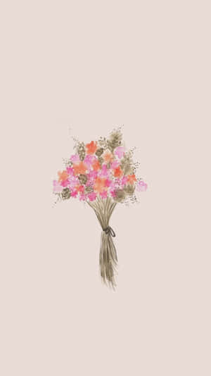 一束水彩花束，包含粉紅、橙色和綠色花朵，以深色絲帶綁紮。