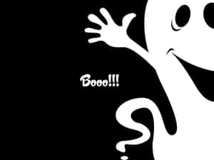 一個開心的鬼魂，面帶燦爛笑容，舉起手，在黑色背景上大喊「Booo!!!」。