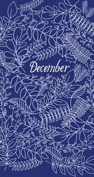 藍色背景上，白色線條繪製的樹葉和樹枝圍繞著「December」文字。