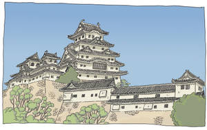 日本城堡在山丘上，有綠樹和藍天