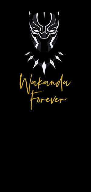 Wakanda Forever標誌，黑色黑豹面具和金色文字在黑色背景上。