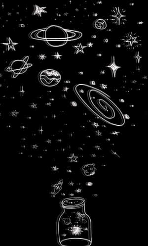 一個黑色背景上，裝滿星星和行星的玻璃罐。 — 太空 壁紙