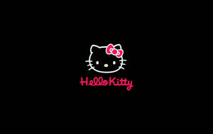 Hello Kitty 標誌，帶有粉紅色蝴蝶結和文字，背景為黑色