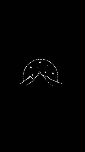 黑色背景上，新月和星星下的山脈白色線條藝術。
