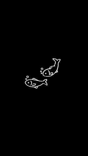 兩條簡單的白色線條魚在黑色背景上向上游動，帶有氣泡