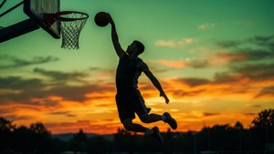 一個籃球運動員在日落時跳起扣籃