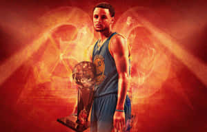 史提芬居里身穿勇士球衣，在熾熱背景前高舉NBA冠軍獎盃。 — 科比· Bryant 壁紙