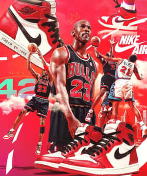 米高佐敦身穿公牛隊球衣，搭配Air Jordan運動鞋和籃球動作場景，背景為紅色。