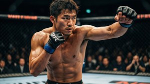 一位赤裸上身的MMA拳手在UFC八角籠內揮拳，背景有觀眾。