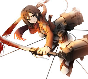 動畫女孩穿著橙色制服，在半空中揮舞劍和機動裝置。