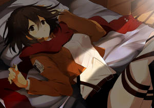 動漫女孩在床上戴著紅色圍巾和棕色外套，在溫暖的陽光下