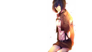 黑發動漫女孩穿著制服在溫暖燈光下坐在白色背景前。