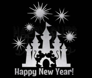 米奇和米妮在煙花下親吻，帶有城堡和Happy New Year文字。