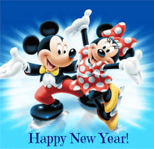 米奇和米妮老鼠溜冰，帶有「Happy New Year!」文字。