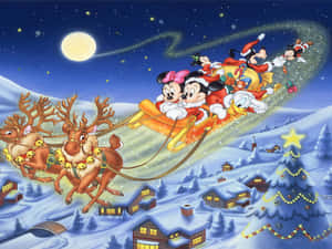 米奇老鼠和朋友們在夜間乘坐雪橇飛越白雪覆蓋的村莊。