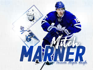 冰球運動員 Mitch Marner 身穿多倫多楓葉隊制服，搭配風格化圖形設計。