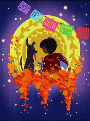 男孩和狗坐在萬壽菊上，在一個裝飾著彩色 papel picado 的發光月亮下。