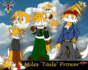 動漫角色 Miles Tails Prower 穿著不同服裝，搭配飛行的噴射機和漂浮的頭部。
