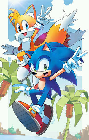 Sonic 和 Tails 喺棕櫚樹同城市上空做出和平手勢飛翔