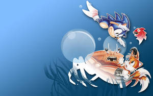 Sonic 和 Tails 在藍色海洋場景中與螃蟹和魚一起在水下。