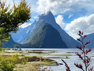 一座高聳的山峰俯瞰著寧靜的峽灣，前景是鬱鬱蔥蔥的綠色植物和紅色的花朵。
