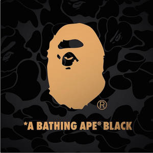 黑色迷彩背景上嘅金色A Bathing Ape標誌同品牌文字。