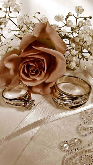 白色蕾絲布料上，蜜桃玫瑰旁邊的兩枚結婚戒指。 — 玫瑰 壁紙