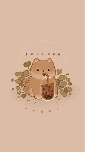 卡通柴犬喝著帶有心形葉子和星星的珍珠奶茶 — 米色風格 壁紙