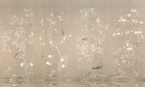 鳥兒與花朵倒映在水中的優雅傳統畫作。 — 花系美學 壁紙