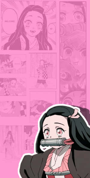 《鬼滅之刃》的禰豆子手持劍，背後有漫畫面板。 — 粉紅動漫美學 壁紙