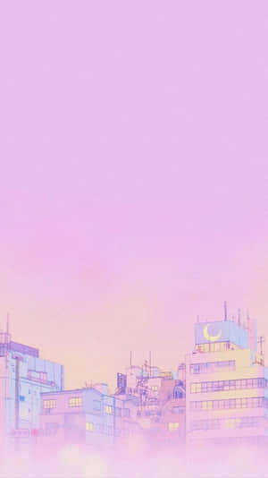 黃昏的動漫城市景觀，粉紫色天空，屋頂上閃耀的月亮。 — 粉紅動漫美學 壁紙
